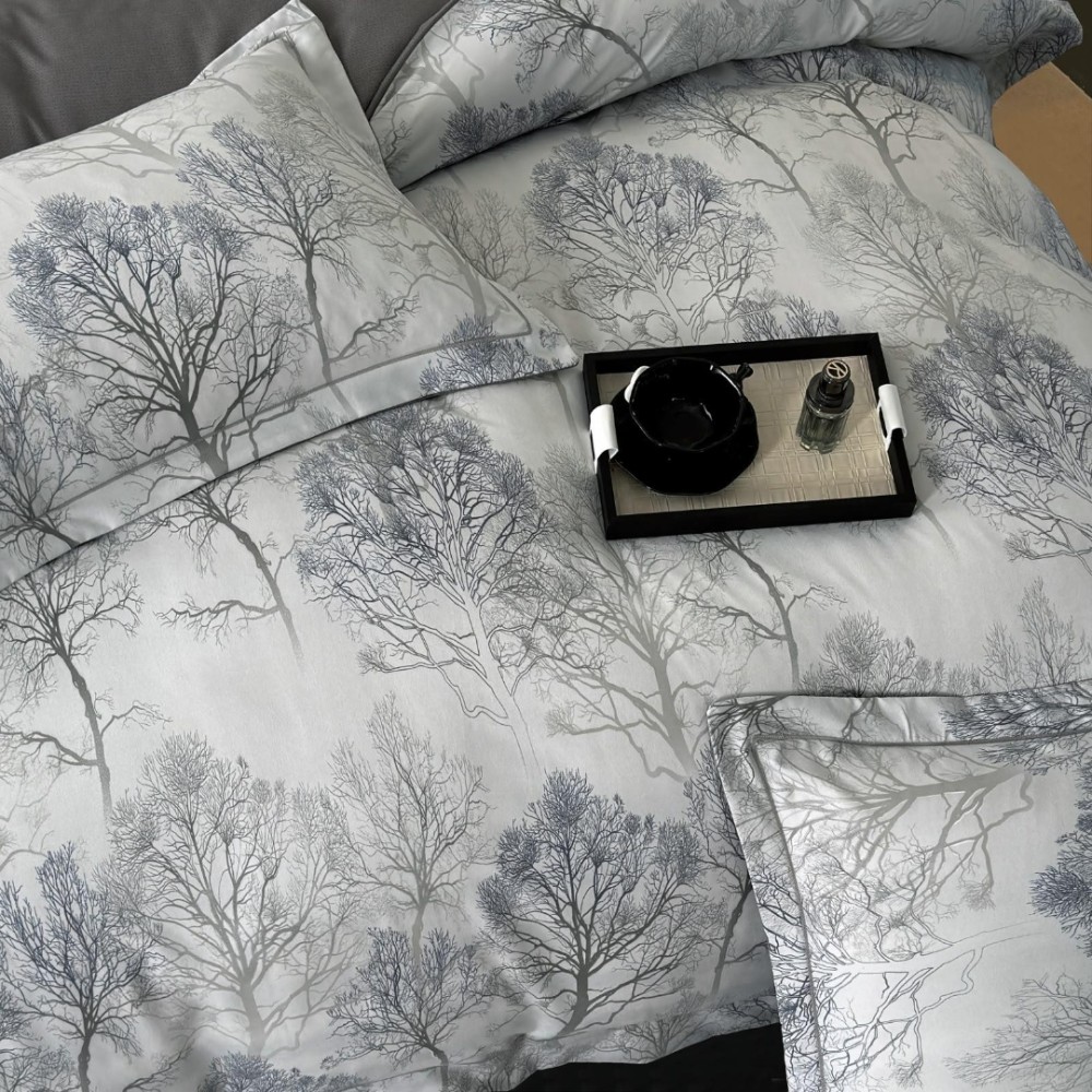 Lenjerie pat dublu, FINET DeLuxe, 6 piese, cu ELASTIC, Jojo Home, Cutie Eleganta, Gri, copaci — imaginea 7