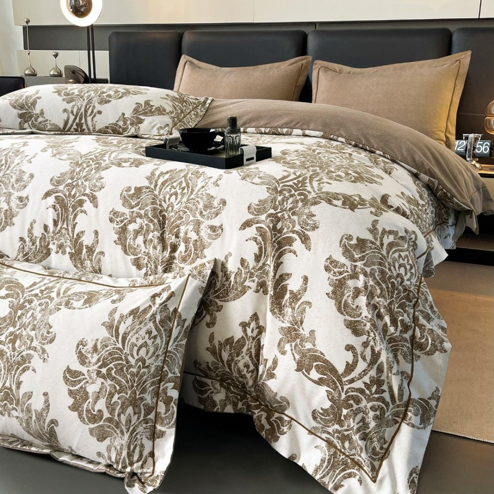 Lenjerie pat dublu, FINET DeLuxe, 6 piese, cu ELASTIC, Jojo Home, Cutie Eleganta, Bej, model royal — imaginea 2