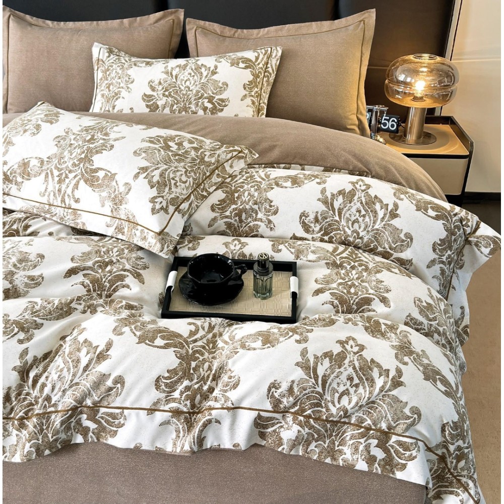 Lenjerie pat dublu, FINET DeLuxe, 6 piese, cu ELASTIC, Jojo Home, Cutie Eleganta, Bej, model royal — imaginea 4