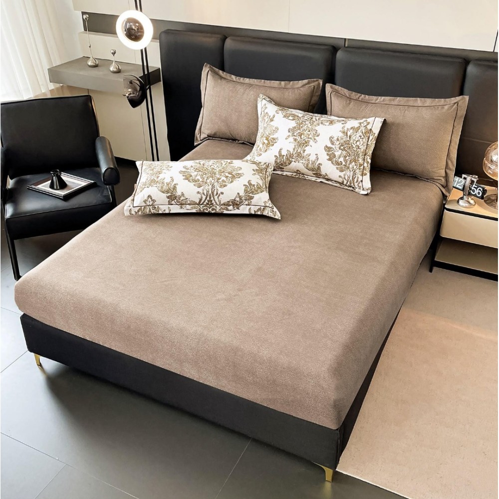 Lenjerie pat dublu, FINET DeLuxe, 6 piese, cu ELASTIC, Jojo Home, Cutie Eleganta, Bej, model royal — imaginea 7