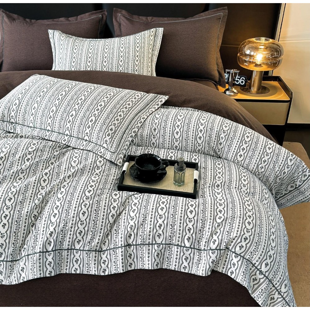 Lenjerie pat dublu, FINET DeLuxe, 6 piese, cu ELASTIC, Jojo Home, Cutie Eleganta, Gri, Maro, Model Egiptean — imaginea 4