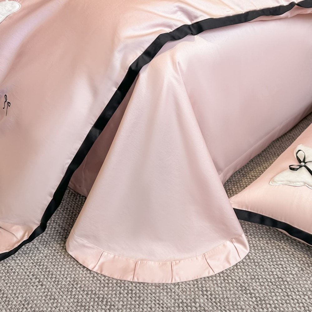 Lenjerie de Pat Premium Satin Deluxe cu Broderie Eleganta, Bumbac 100%, 4 Piese - Finete, Luciu Discret si Confort Superior, Pink Bow — imaginea 5