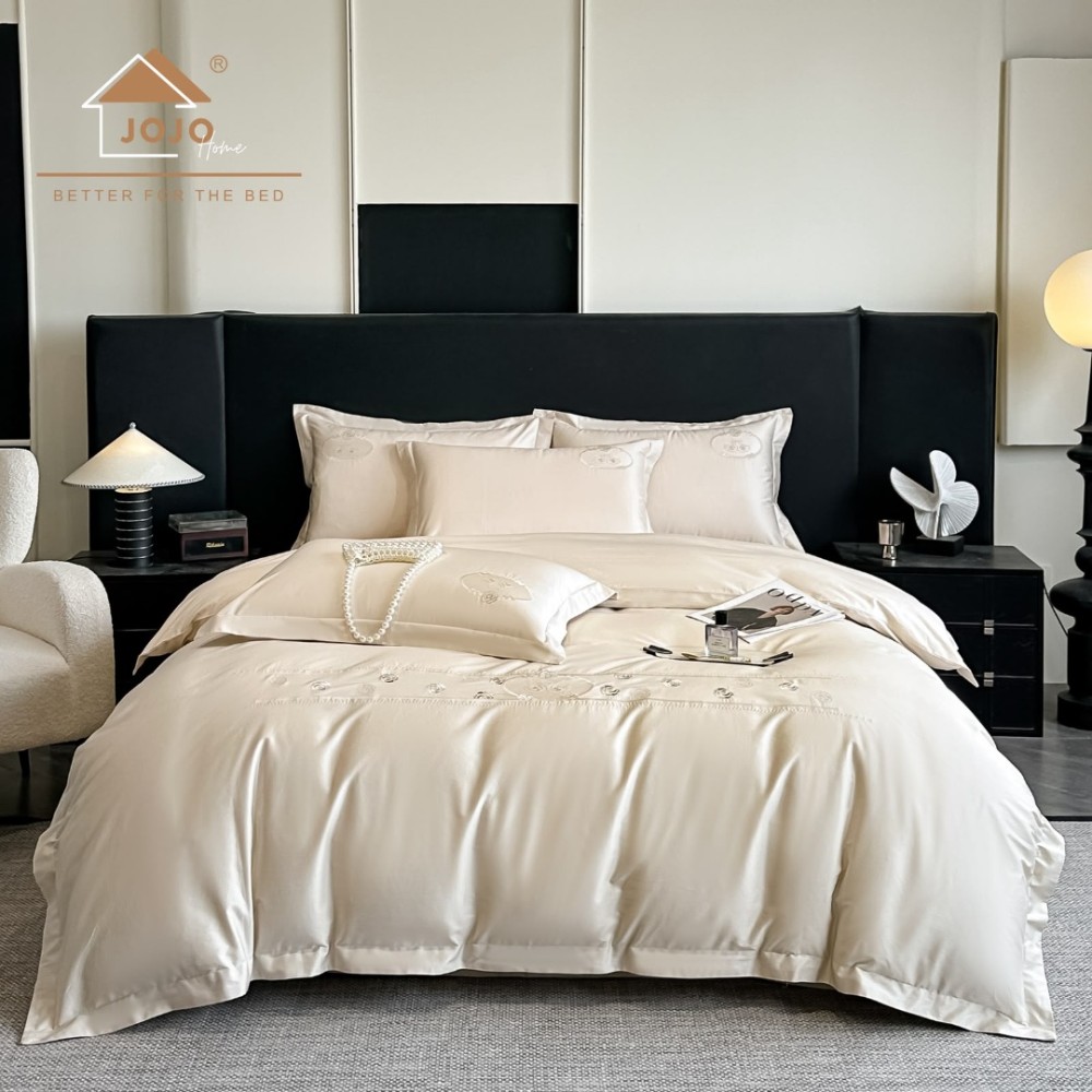 Lenjerie de Pat Premium Satin Deluxe cu Broderie Eleganta, Bumbac 100%, 4 Piese - Finete, Luciu Discret si Confort Superior, Ivoire Roses — imaginea 5
