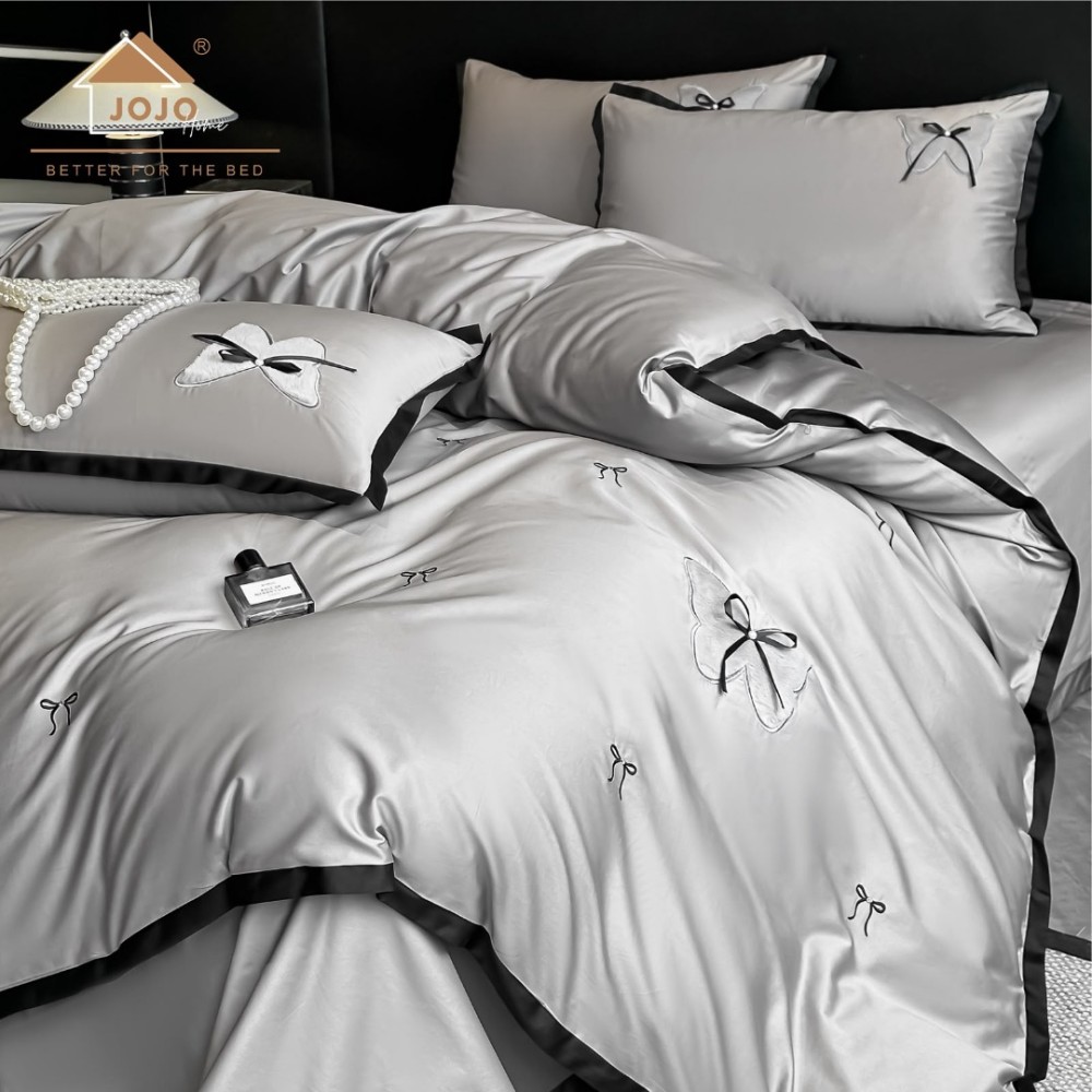 Lenjerie de Pat Premium Satin Deluxe cu Broderie Eleganta, Bumbac 100%, 4 Piese - Finete, Luciu Discret si Confort Superior, Gray Bow — imaginea 2