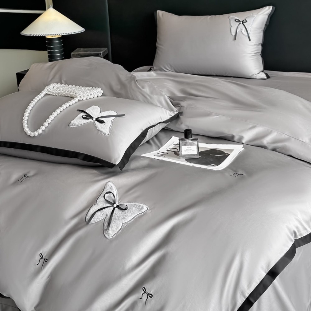 Lenjerie de Pat Premium Satin Deluxe cu Broderie Eleganta, Bumbac 100%, 4 Piese - Finete, Luciu Discret si Confort Superior, Gray Bow — imaginea 3