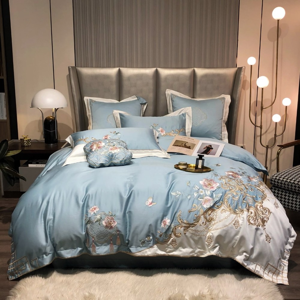 Lenjerie de Pat Premium Satin Deluxe cu Broderie Eleganta, Bumbac 100%, 4 Piese - Finete, Luciu Discret si Confort Superior, Blue Royal — imaginea 7