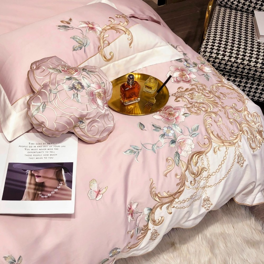 Lenjerie de Pat Premium Satin Deluxe cu Broderie Eleganta, Bumbac 100%, 4 Piese - Finete, Luciu Discret si Confort Superior, Pink Royal — imaginea 4