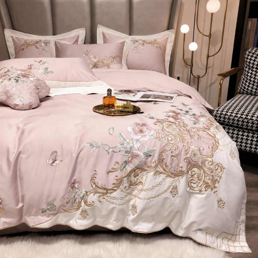 Lenjerie de Pat Premium Satin Deluxe cu Broderie Eleganta, Bumbac 100%, 4 Piese - Finete, Luciu Discret si Confort Superior, Pink Royal — imaginea 5