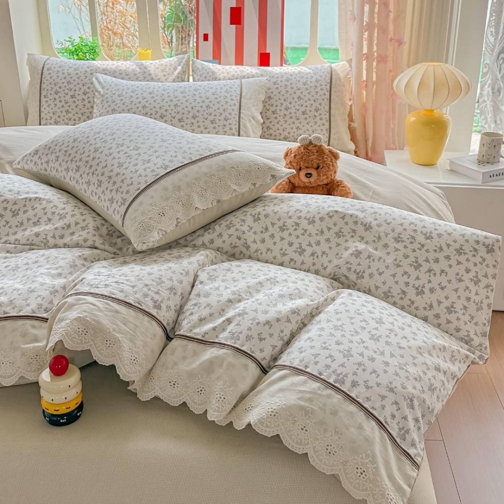 Lenjerie de Pat Premium, Bumbac 100%, cu Broderie si Volanase din Dantela, 4 Piese, Cearsaf cu Elastic, Alb, Bej, Bleu, Floricele — imaginea 2
