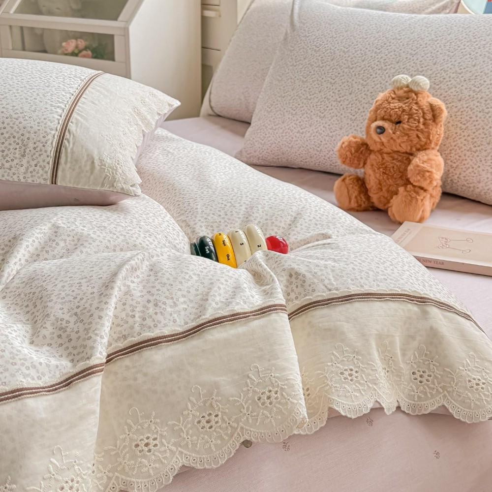 Lenjerie de Pat Premium, Bumbac 100%, cu Broderie si Volanase din Dantela, 4 Piese, Cearsaf cu Elastic, Alb, Roz, Floricele — imaginea 4
