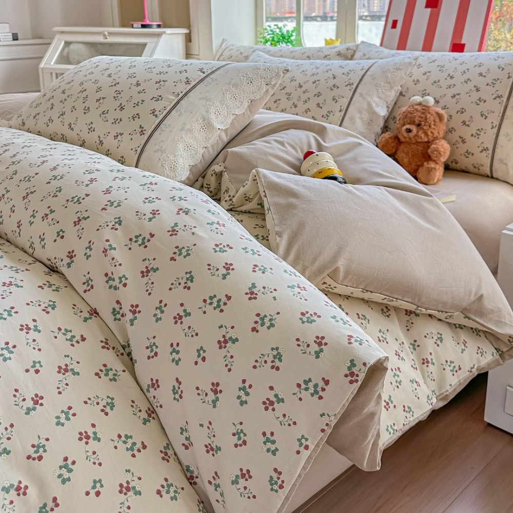 Lenjerie de Pat Premium, Bumbac 100%, cu Broderie si Volanase din Dantela, 4 Piese, Cearsaf cu Elastic, Crem, Bej, Floricele — imaginea 3