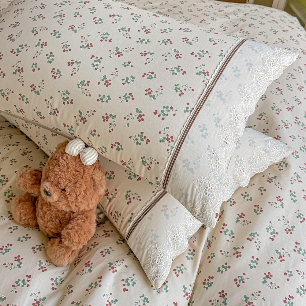 Lenjerie de Pat Premium, Bumbac 100%, cu Broderie si Volanase din Dantela, 4 Piese, Cearsaf cu Elastic, Crem, Bej, Floricele — imaginea 5