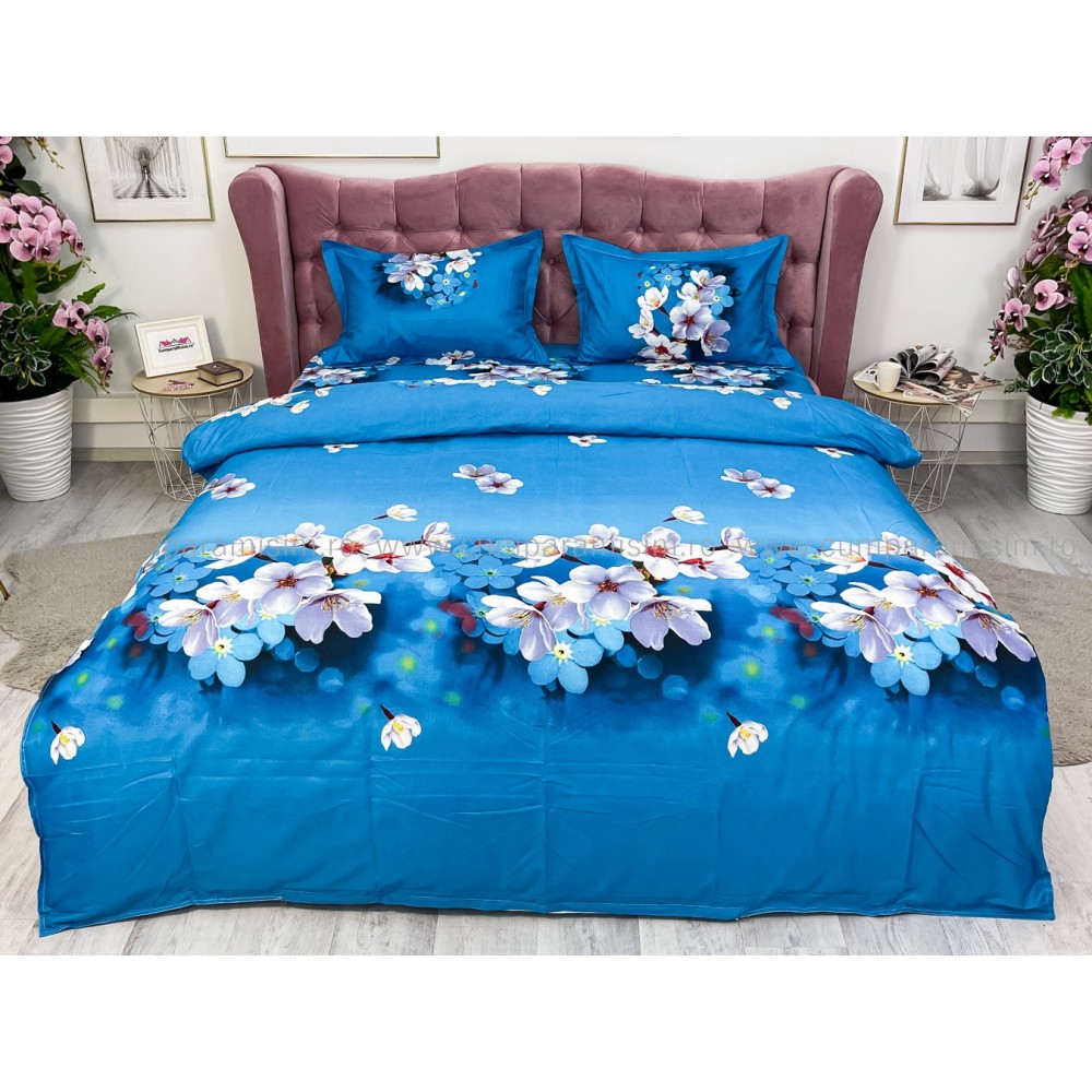 Lenjerie pat dublu imprimeu 3D - 3 Bucati 219 Lei - Albastru flori de cires – imagine 2