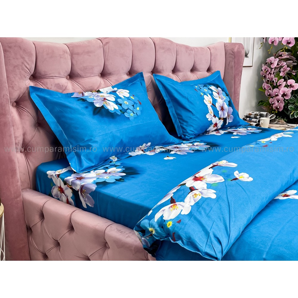 Lenjerie pat dublu imprimeu 3D - 3 Bucati 219 Lei - Albastru flori de cires – imagine 5