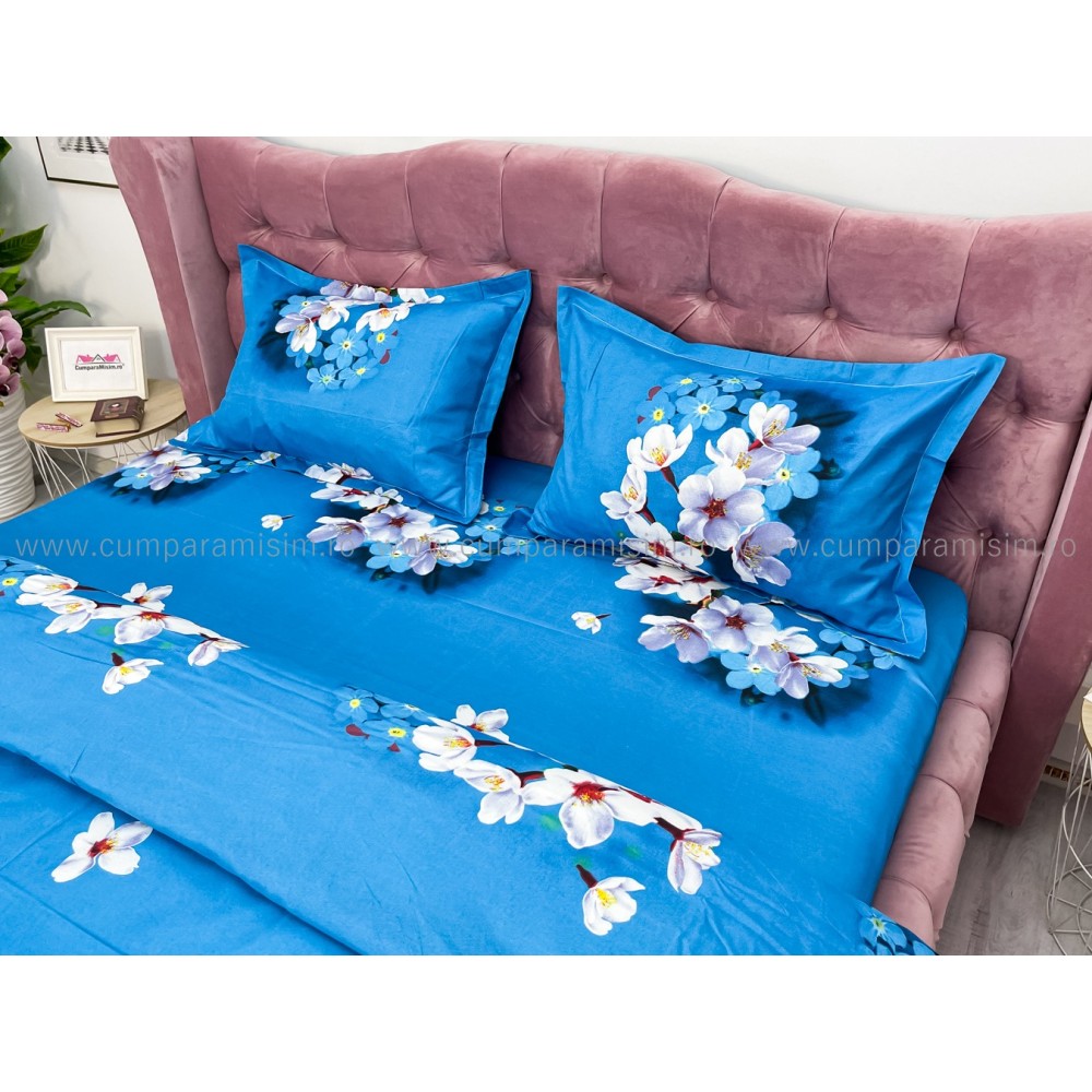 Lenjerie pat dublu imprimeu 3D - 3 Bucati 219 Lei - Albastru flori de cires – imagine 6
