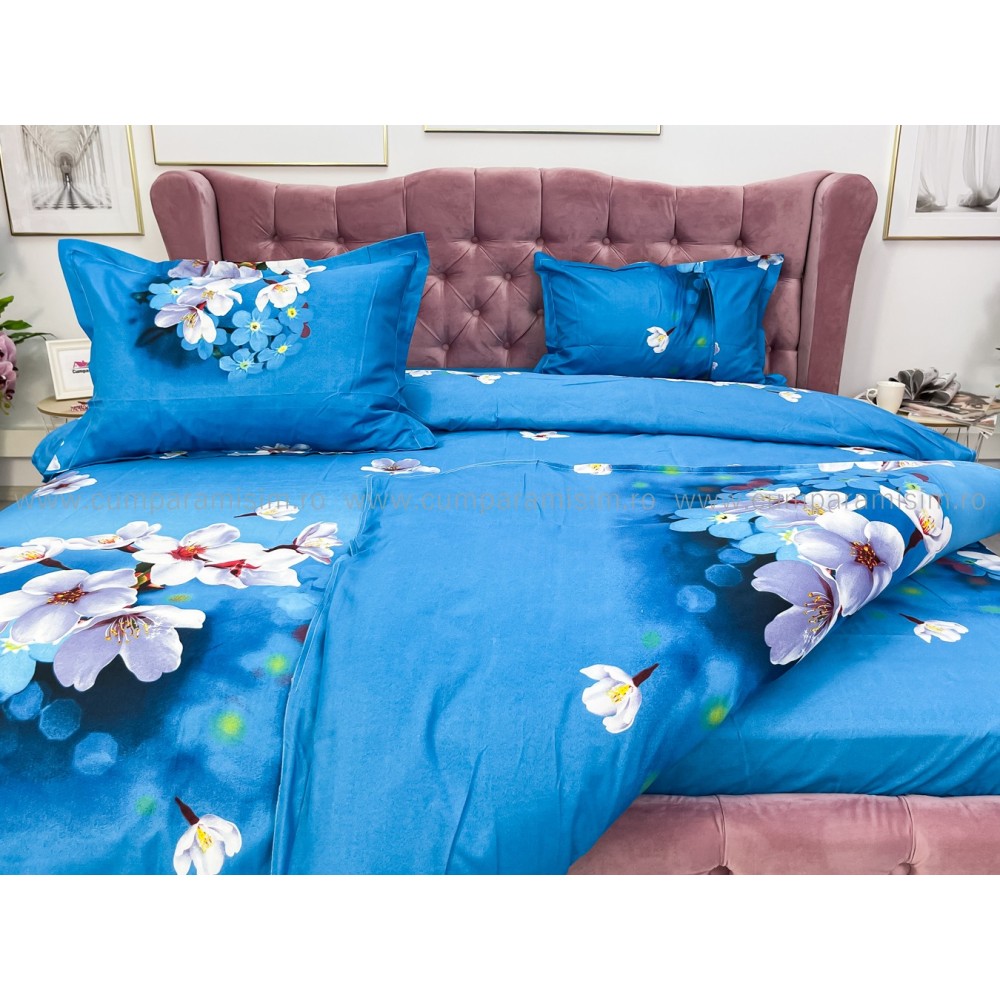 Lenjerie pat dublu imprimeu 3D - 3 Bucati 219 Lei - Albastru flori de cires – imagine 7