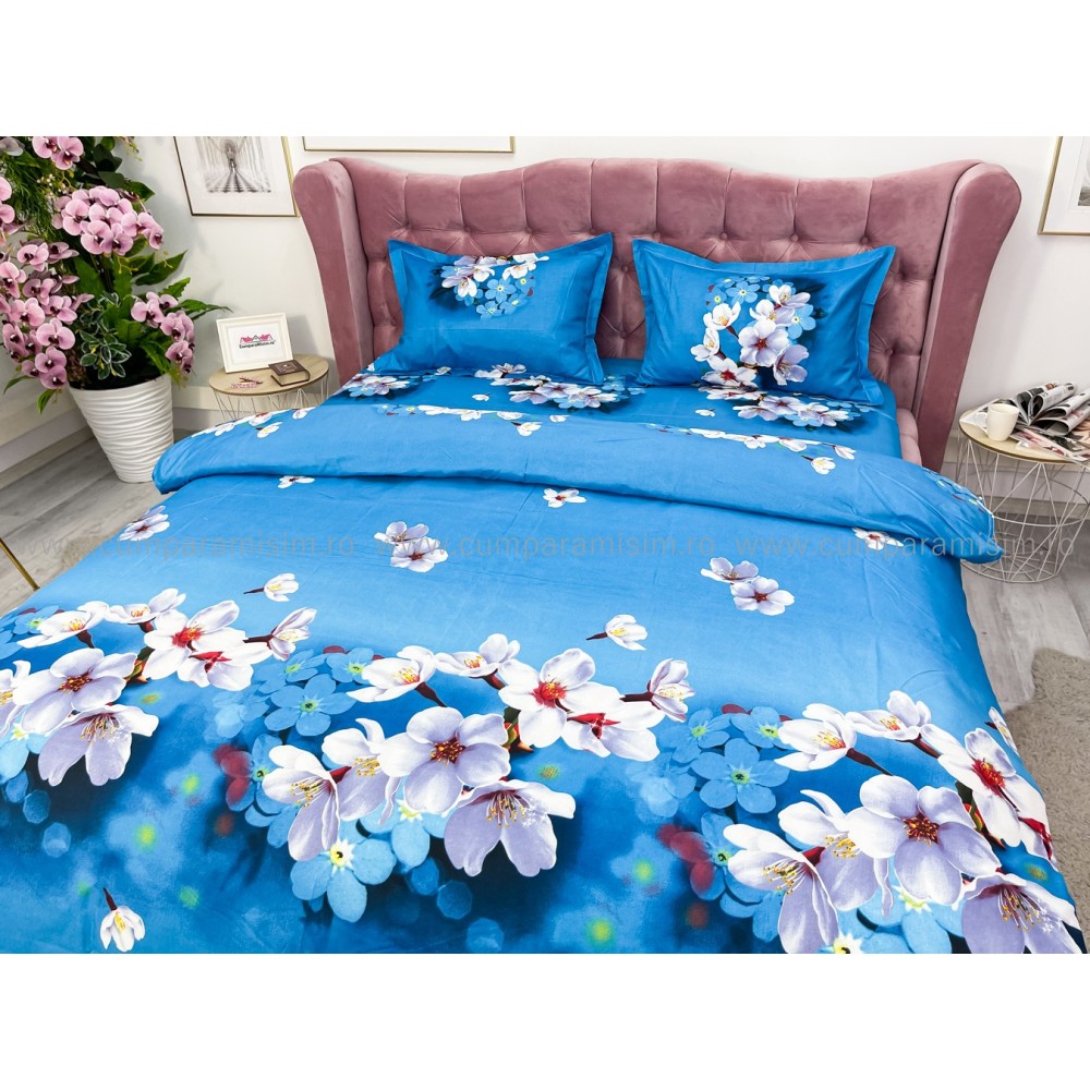 Lenjerie pat dublu imprimeu 3D - 3 Bucati 219 Lei - Albastru flori de cires – imagine 8