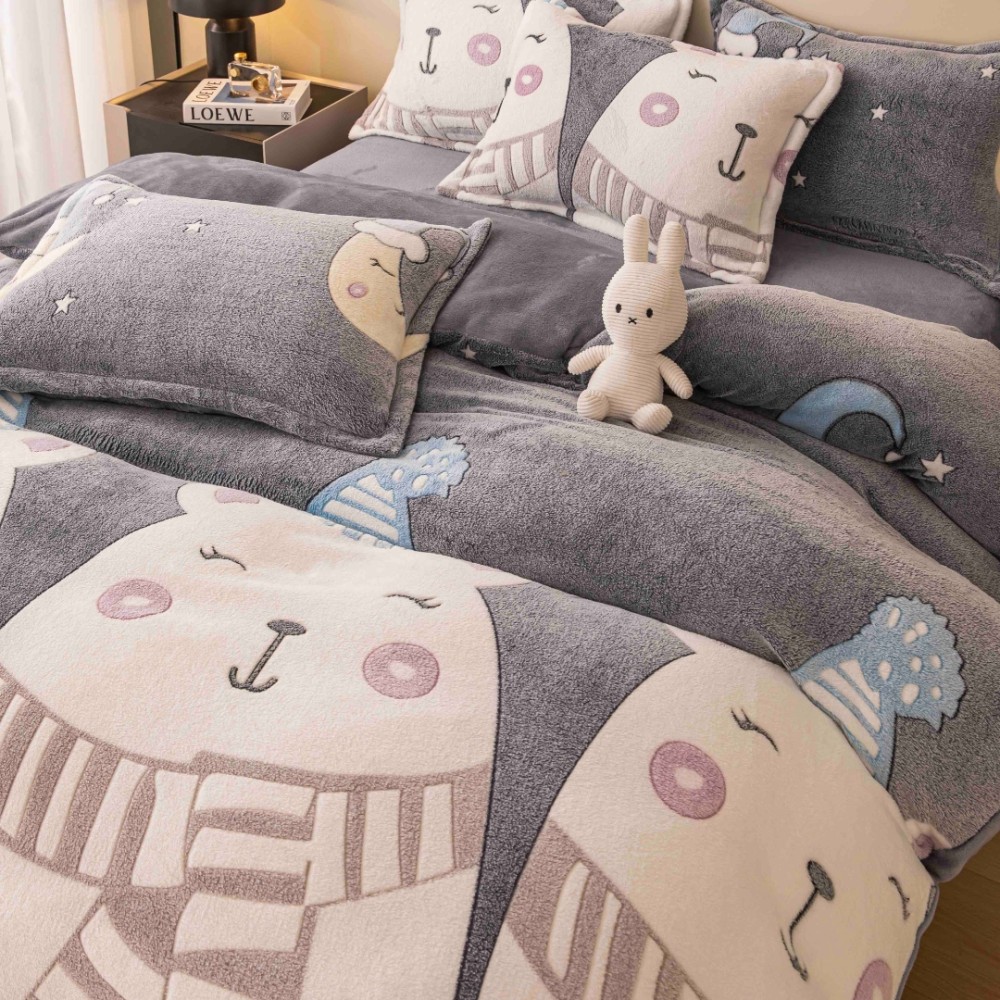 Lenjerie pat dublu, Super Pufoasa COCOLINO,cu ELASTIC, 4 piese, Jojo Home, Gri, Ursuleti – imagine 2