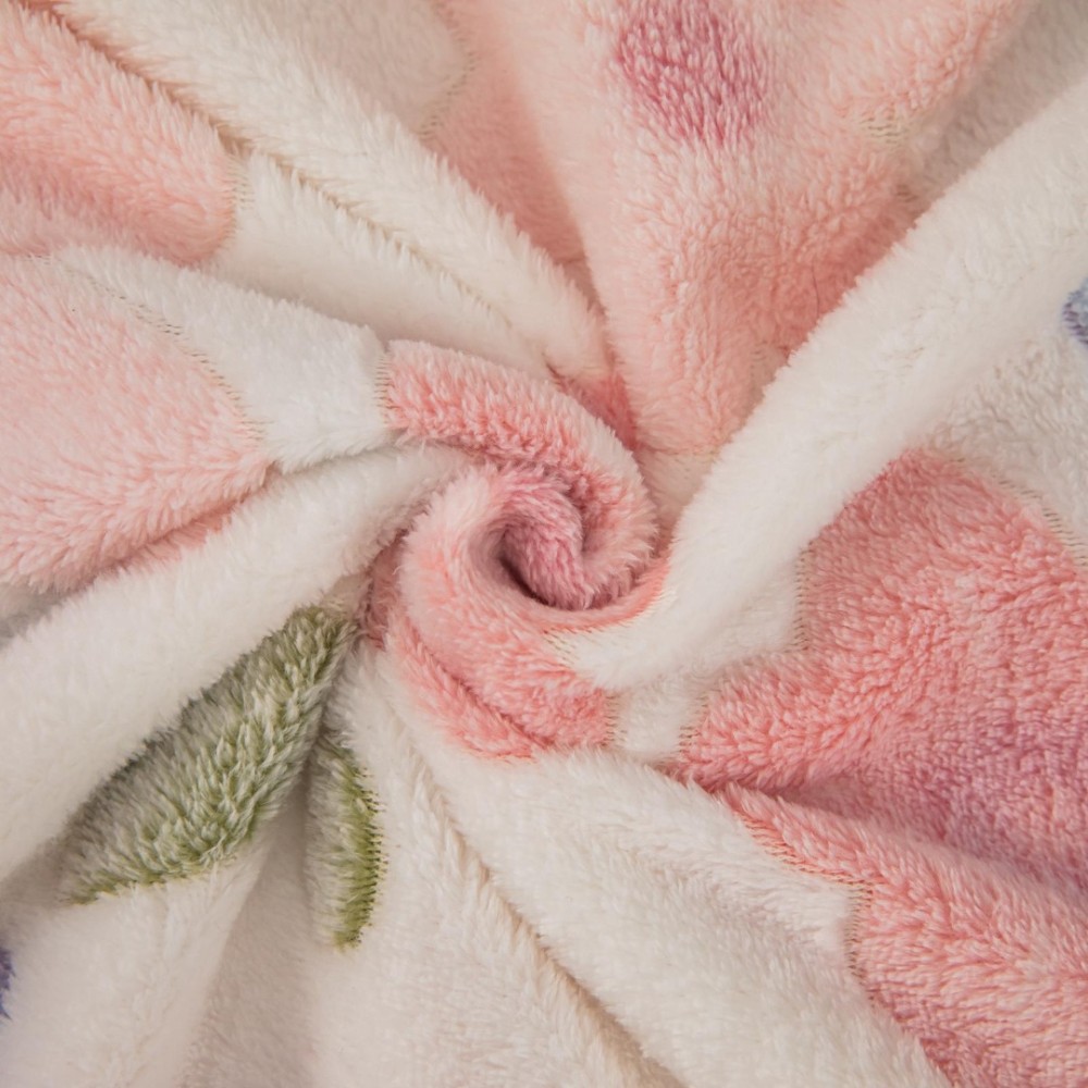 Lenjerie pat dublu, Super Pufoasa COCOLINO,cu ELASTIC, 4 piese, Jojo Home, Alb, Roz, Flori — imaginea 4