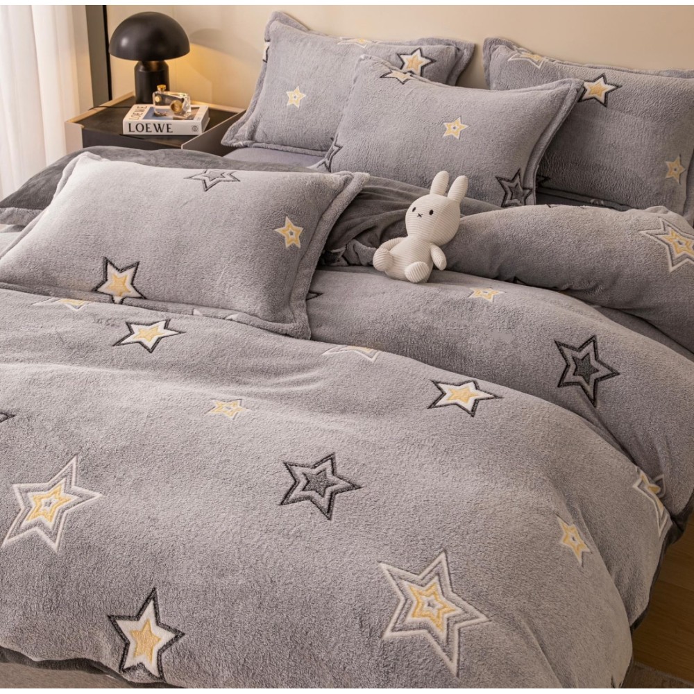 Lenjerie pat dublu, Super Pufoasa COCOLINO,cu ELASTIC, 4 piese, Jojo Home, Gri, Stelute — imaginea 2