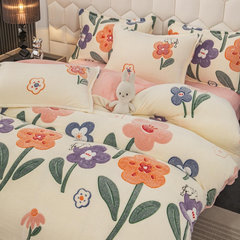 Lenjerie pat dublu, Super Pufoasa COCOLINO,cu ELASTIC, 4 piese, Jojo Home, Crem, Multicolor, Flori – imagine 2