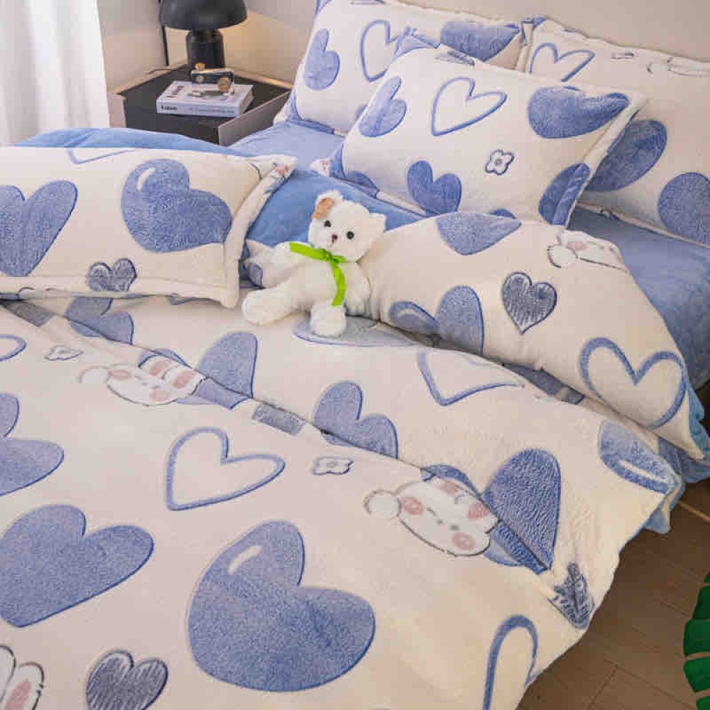 Lenjerie pat dublu, Super Pufoasa COCOLINO,cu ELASTIC, 4 piese, Jojo Home, Alb, Bleu, Inimioare — imaginea 3