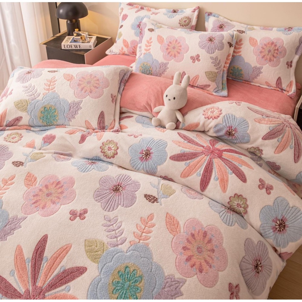 Lenjerie Pat 1 Persoana, Jojo Home, CoCoLiNo (Fleece), 4 piese, Alb, Roz, Flori — imaginea 2