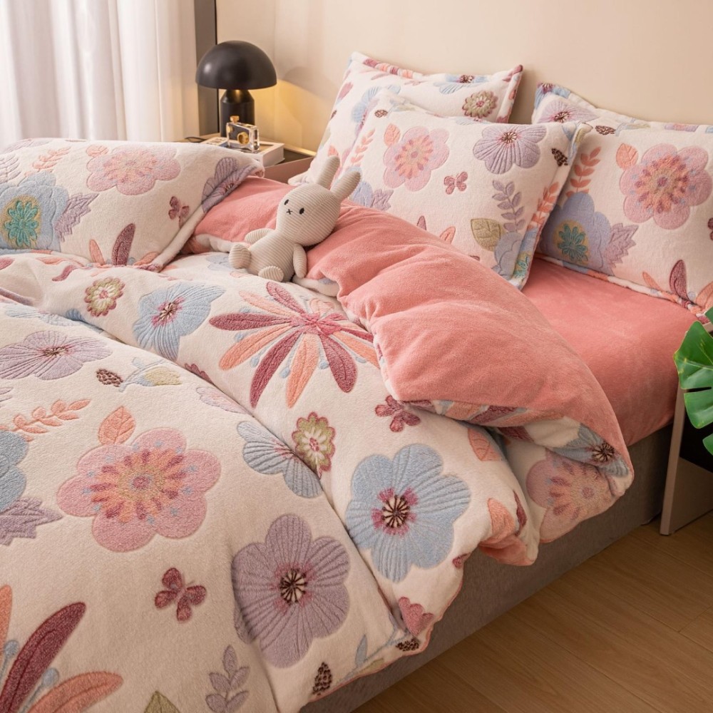 Lenjerie Pat 1 Persoana, Jojo Home, CoCoLiNo (Fleece), 4 piese, Alb, Roz, Flori — imaginea 3