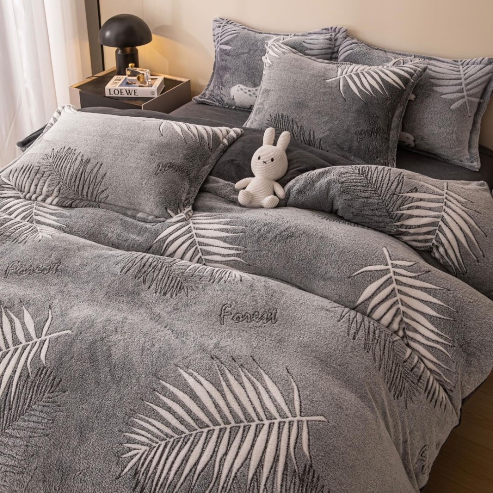Lenjerie Pat 1 Persoana, Jojo Home, CoCoLiNo (Fleece), 4 piese, Gri, Frunze — imaginea 2