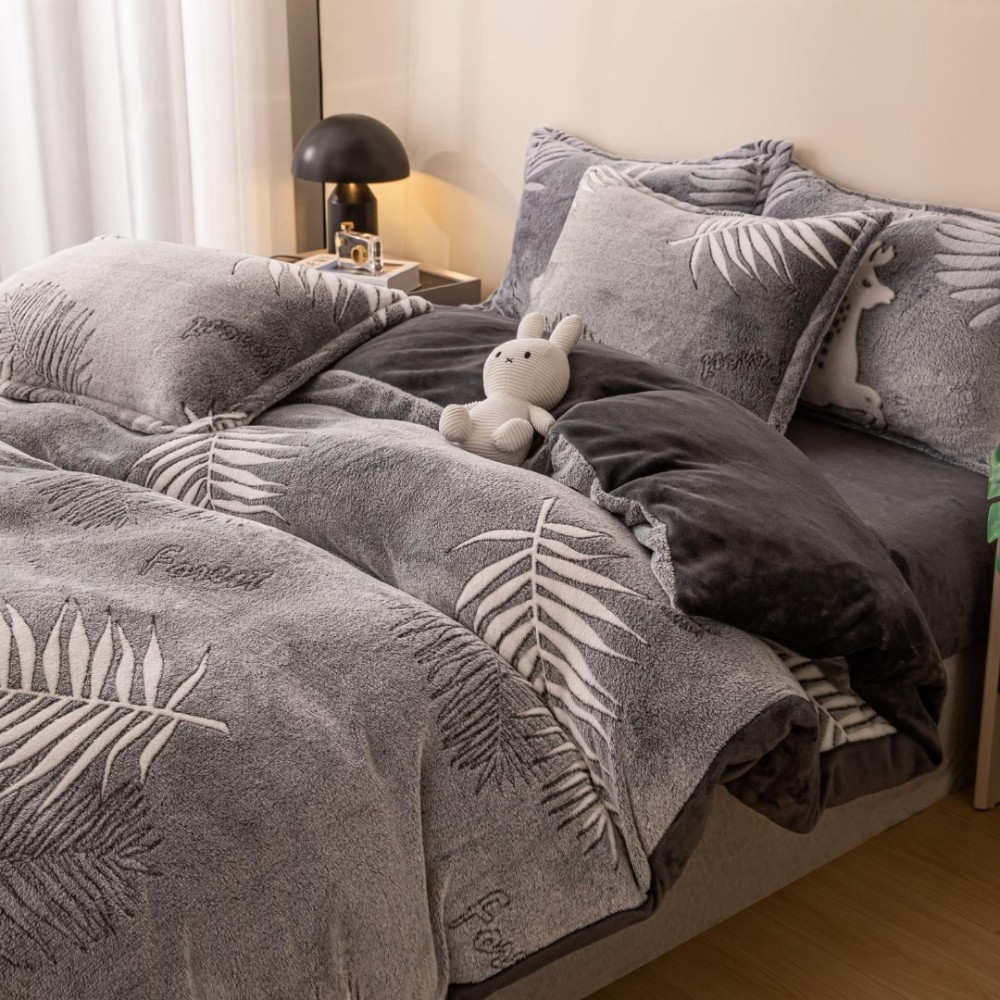 Lenjerie Pat 1 Persoana, Jojo Home, CoCoLiNo (Fleece), 4 piese, Gri, Frunze — imaginea 3