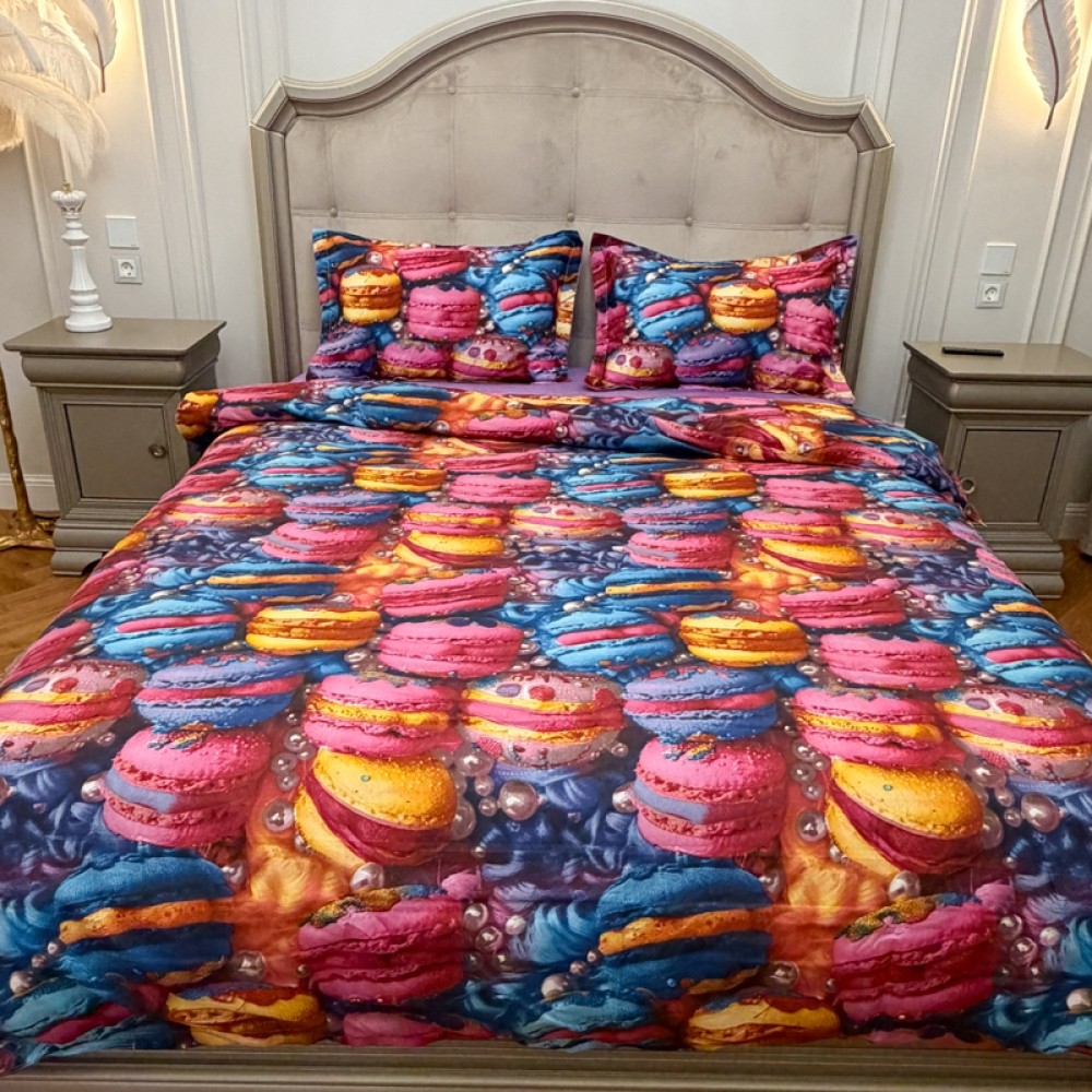 Lenjerie pat dublu bumbac satinat - 3 Bucati 219 Lei -  Mov  multicolor macarons — imaginea 3