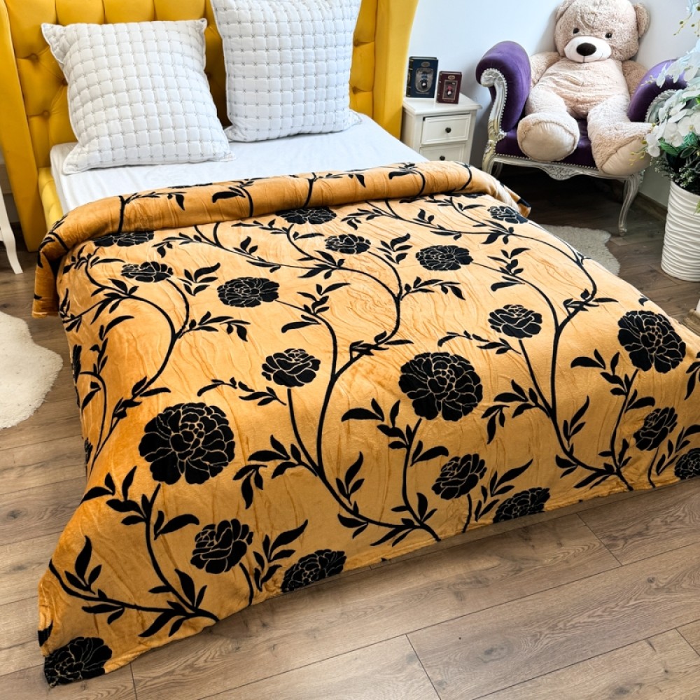 Patura pufoasa cocolino 200x230cm, 240g/mp, Mustar, flori – imagine 2