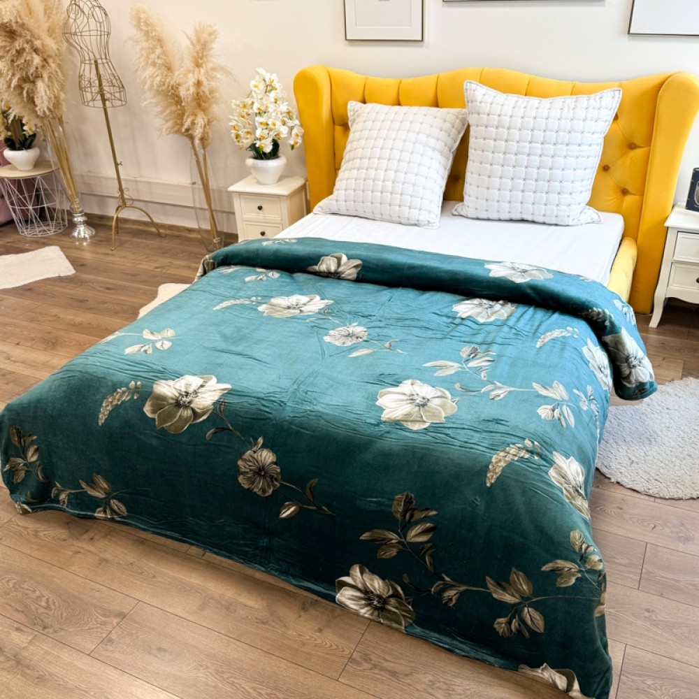 Patura pufoasa cocolino 200x230cm, 240g/mp, Verde, flori – imagine 2