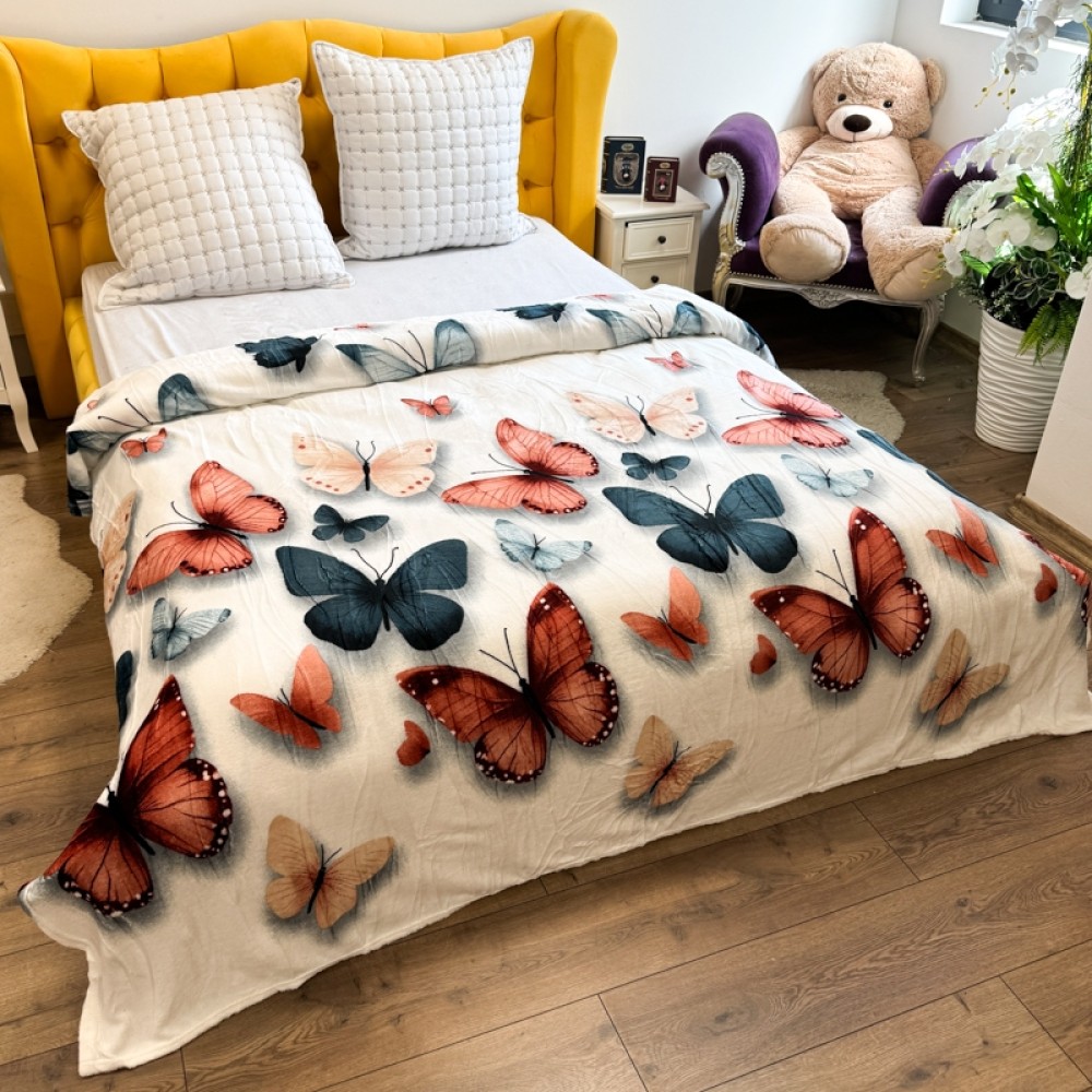 Patura pufoasa cocolino 200x230cm, 240g/mp, Alb, Fluturi colorati – imagine 3