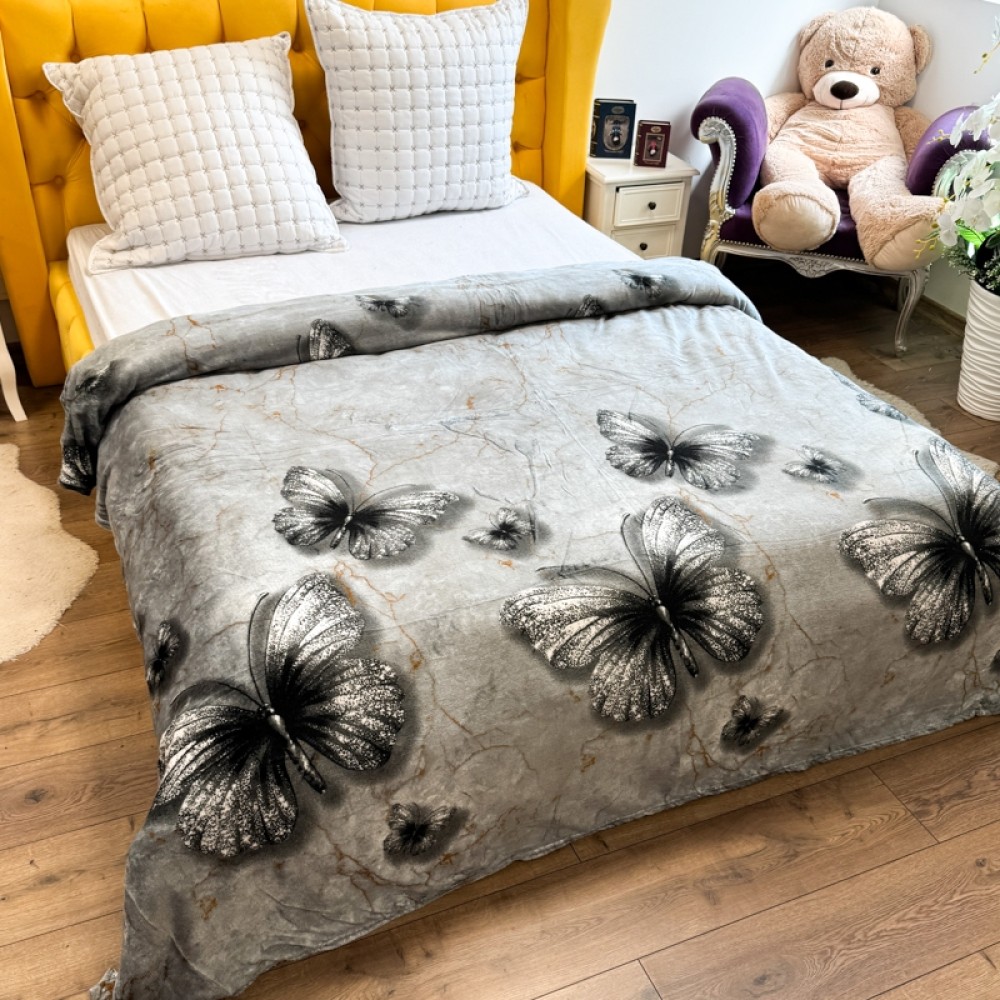 Patura pufoasa cocolino 200x230cm, 240g/mp, Gri, Fluturi — imaginea 3