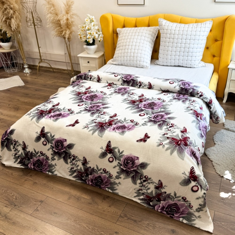 Patura pufoasa cocolino 200x230cm, 240g/mp, Alb, Fluturi si Trandafiri — imaginea 3