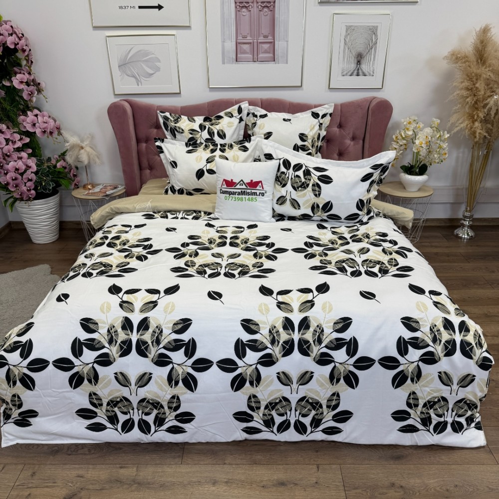 Lenjerie pat dublu, Finet, 6 piese, Alb, Crem, frunze — imaginea 2