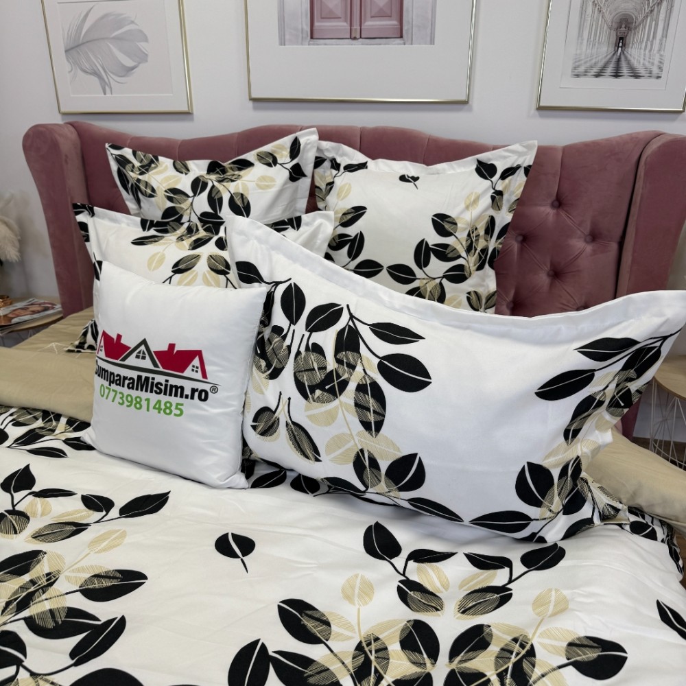 Lenjerie pat dublu, Finet, 6 piese, Alb, Crem, frunze — imaginea 6