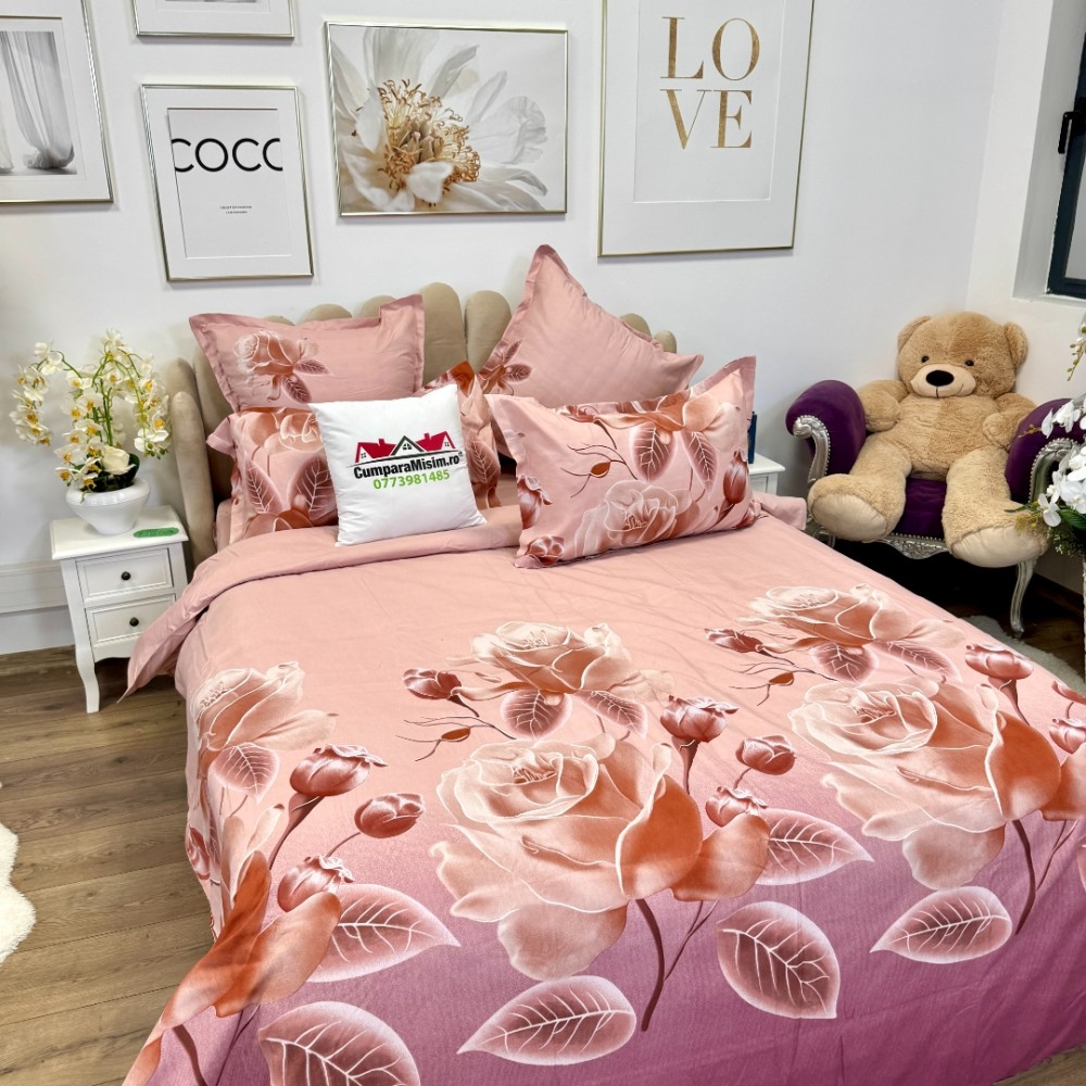 Lenjerie pat dublu, Finet, 6 piese, Roz, flori — imaginea 10