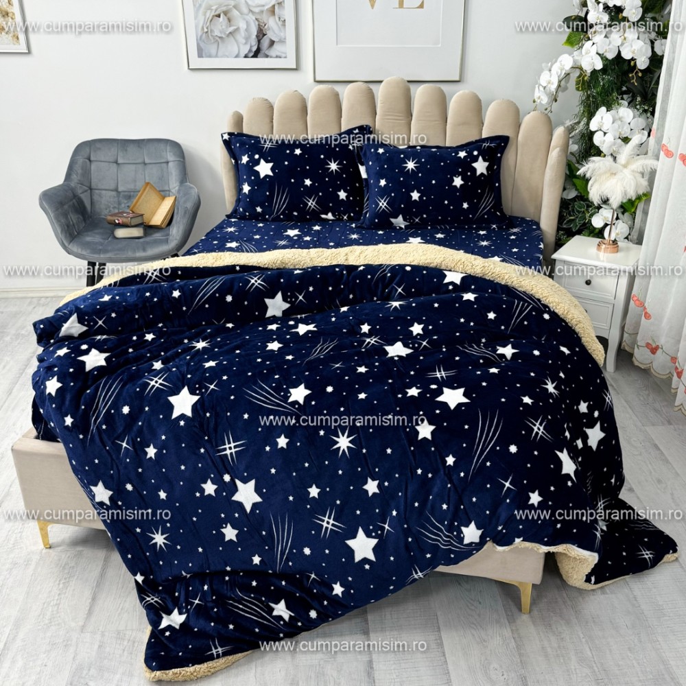 Lenjerie pat dublu, Super Pufoasa COCOLINO cu BLANITA, 4 piese, Bleumarin, ploaie de stele – imagine 2