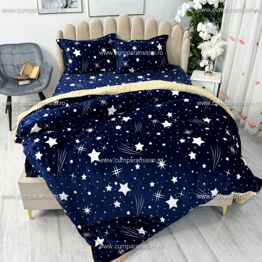 Lenjerie pat dublu, Super Pufoasa COCOLINO cu BLANITA, 4 piese, Bleumarin, ploaie de stele – imagine 3
