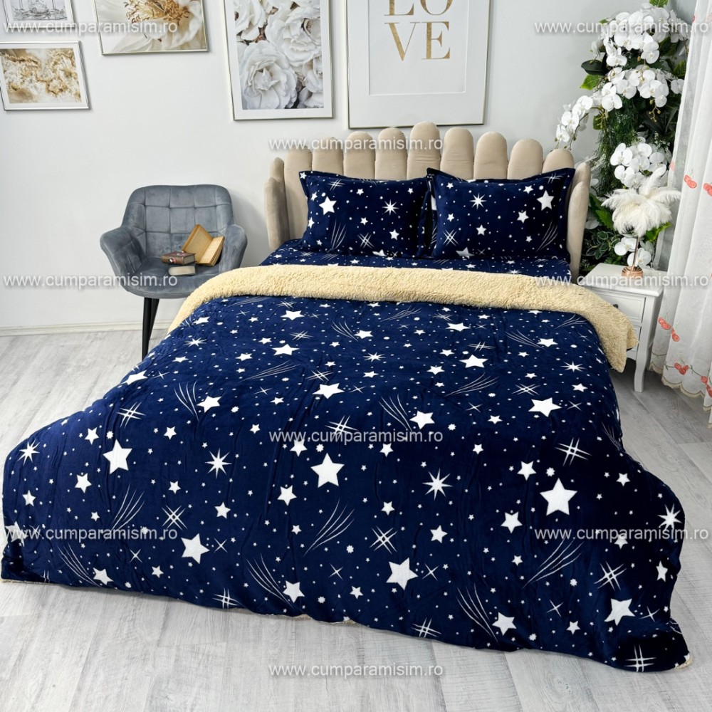 Lenjerie pat dublu, Super Pufoasa COCOLINO cu BLANITA, 4 piese, Bleumarin, ploaie de stele – imagine 5