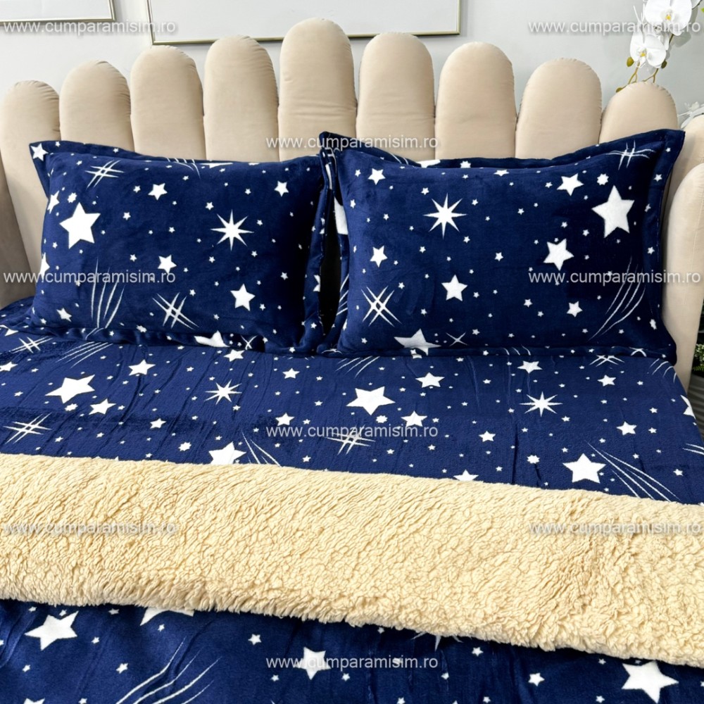 Lenjerie pat dublu, Super Pufoasa COCOLINO cu BLANITA, 4 piese, Bleumarin, ploaie de stele – imagine 6