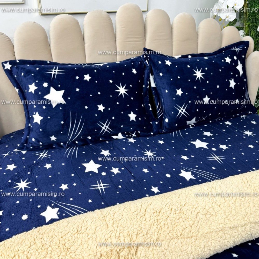 Lenjerie pat dublu, Super Pufoasa COCOLINO cu BLANITA, 4 piese, Bleumarin, ploaie de stele – imagine 7
