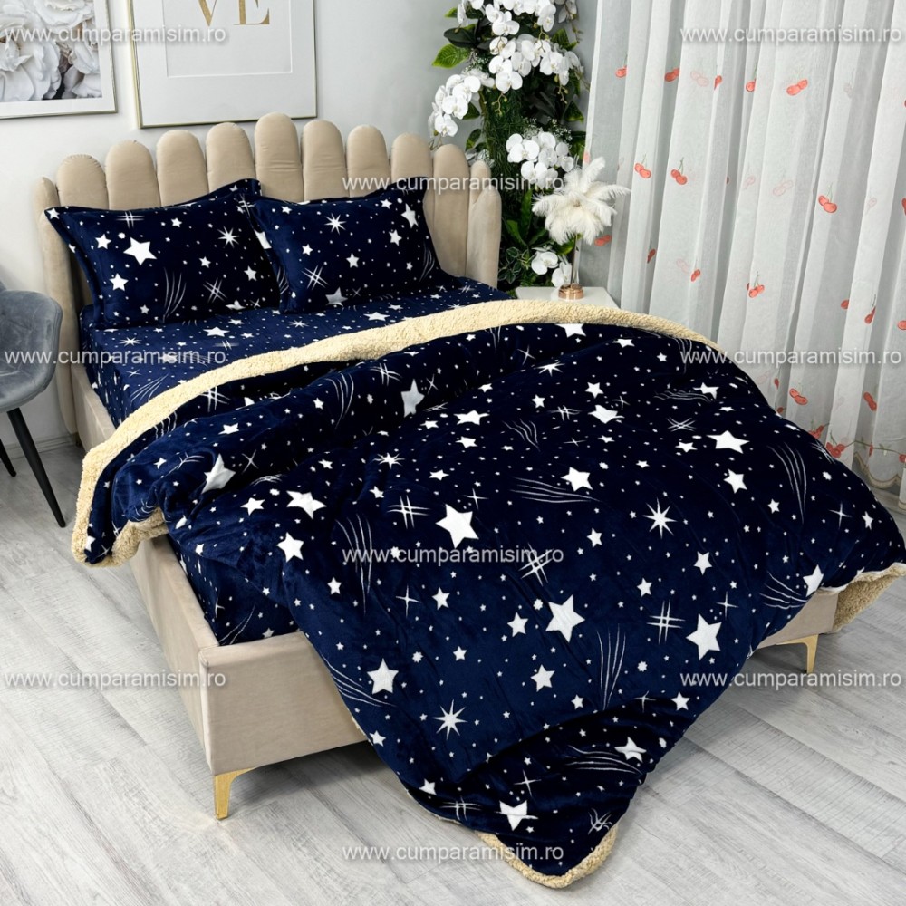 Lenjerie pat dublu, Super Pufoasa COCOLINO cu BLANITA, 4 piese, Bleumarin, ploaie de stele – imagine 8