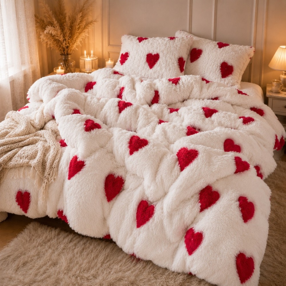 Lenjerie pat dublu, Super Pufoasa COCOLINO Fluffy, 4 piese, Alb, inimioare rosii — imaginea 2