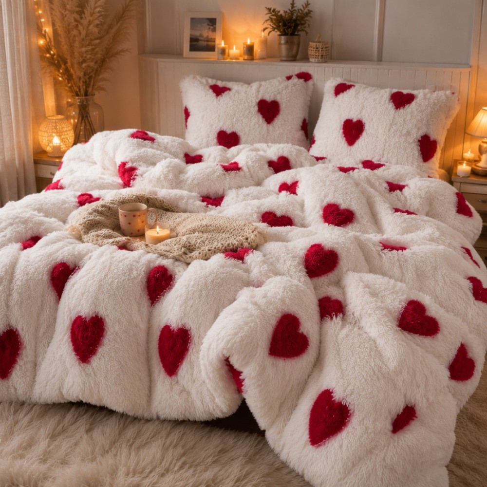 Lenjerie pat dublu, Super Pufoasa COCOLINO Fluffy, 4 piese, Alb, inimioare rosii — imaginea 3