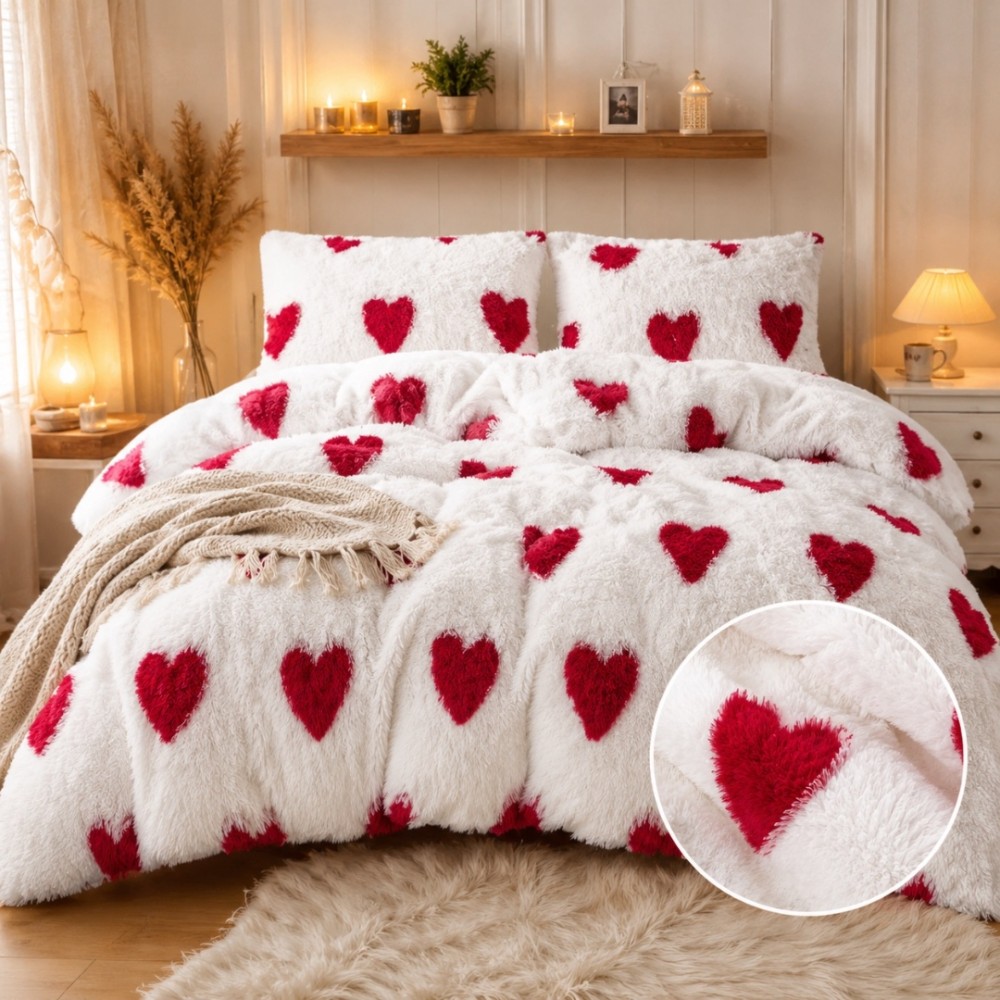 Lenjerie pat dublu, Super Pufoasa COCOLINO Fluffy, 4 piese, Alb, inimioare rosii — imaginea 4