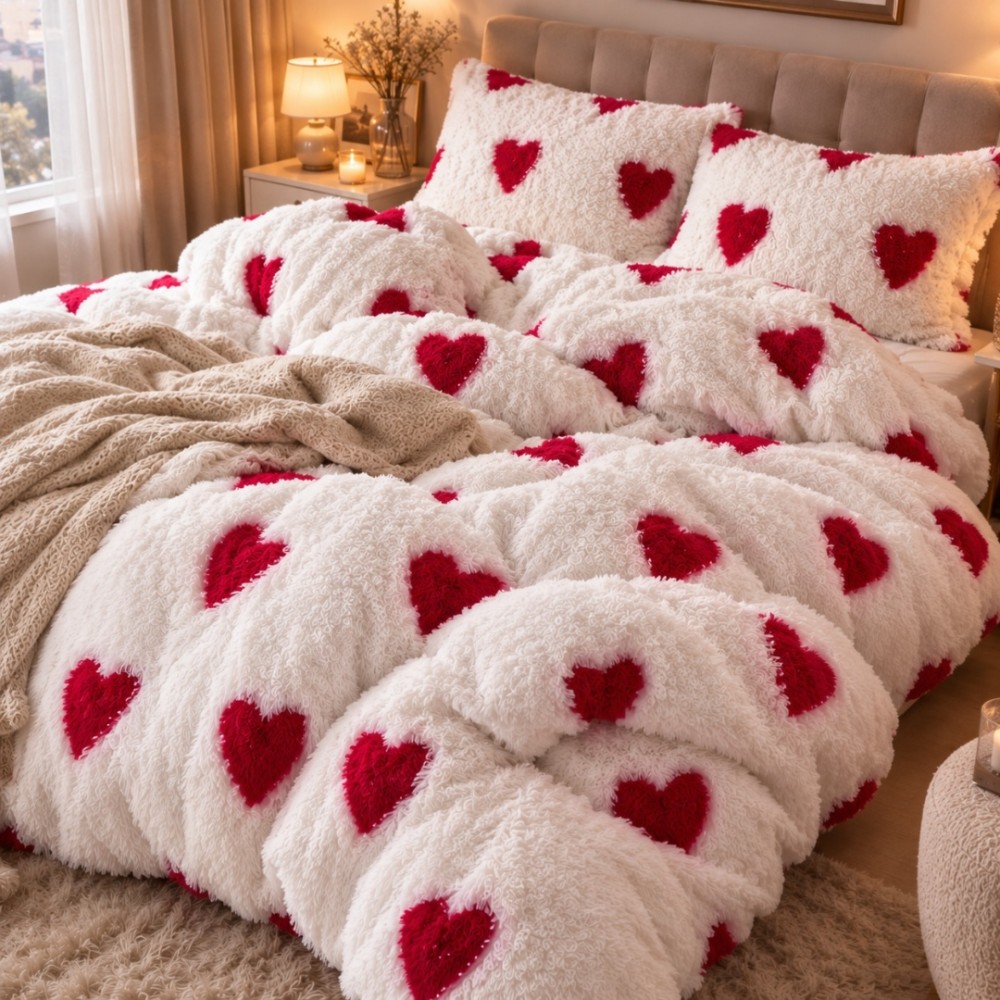 Lenjerie pat dublu, Super Pufoasa COCOLINO Fluffy, 4 piese, Alb, inimioare rosii — imaginea 5
