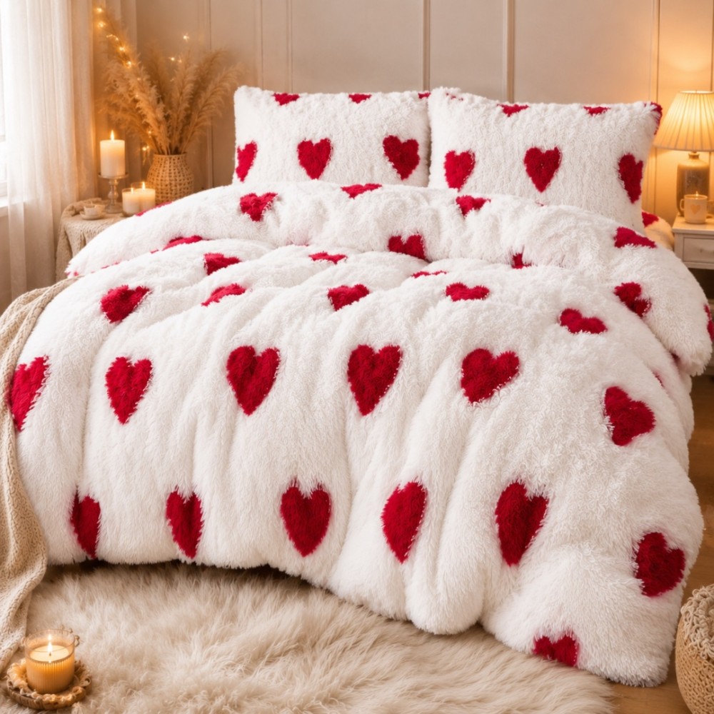 Lenjerie pat dublu, Super Pufoasa COCOLINO Fluffy, 4 piese, Alb, inimioare rosii — imaginea 6